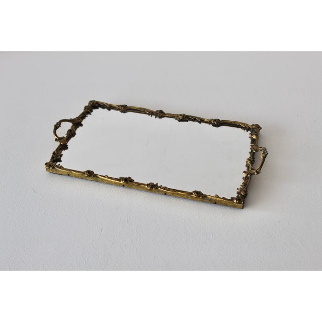 Mid 20th Century Vintage Mid-Century Rectangle German Style Floral Design Brass Frame Mirror Vanity Tray For Sale - Image 5 of 15