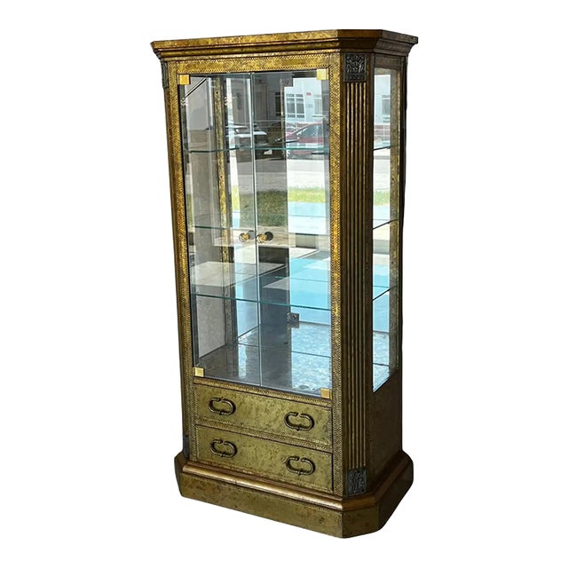 Hollywood Regency Brass Faces Dry Bar With Mirrored Interior For Sale