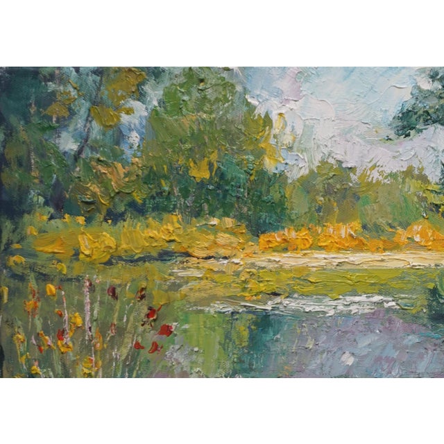Impressionist Original Oil Landscape of Lily Pond For Sale - Image 3 of 5