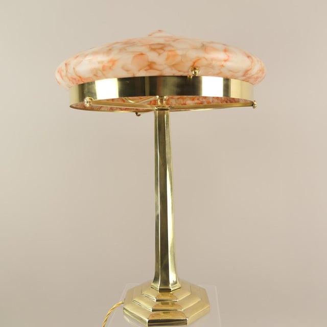 Art Deco Brass Table Lamp with Colored Marbled Glass Shade, Vienna, 1930s For Sale - Image 4 of 12