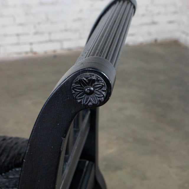 Late 20th Century French Country Black Painted Bench W/Woven Rush Seat & Cabriole Legs For Sale - Image 6 of 18