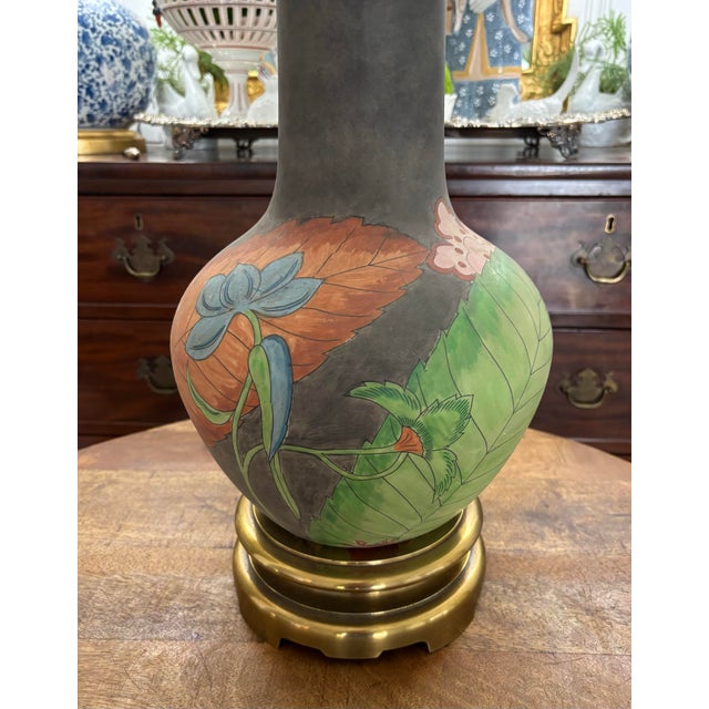 E.F. Chapman Vintage Late 20th Century Hand Painted Chapman Gourd Lamp With Heavy Brass Fittings For Sale - Image 4 of 9