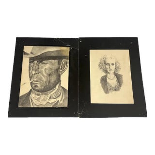 Vintage June Marlowe & Clint Eastwood Charcoal Drawings, Signed by C. Mathis - a Pair For Sale
