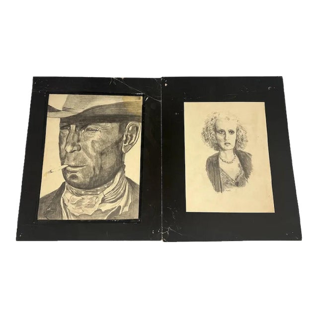 Vintage June Marlowe & Clint Eastwood Charcoal Drawings, Signed by C. Mathis - a Pair For Sale