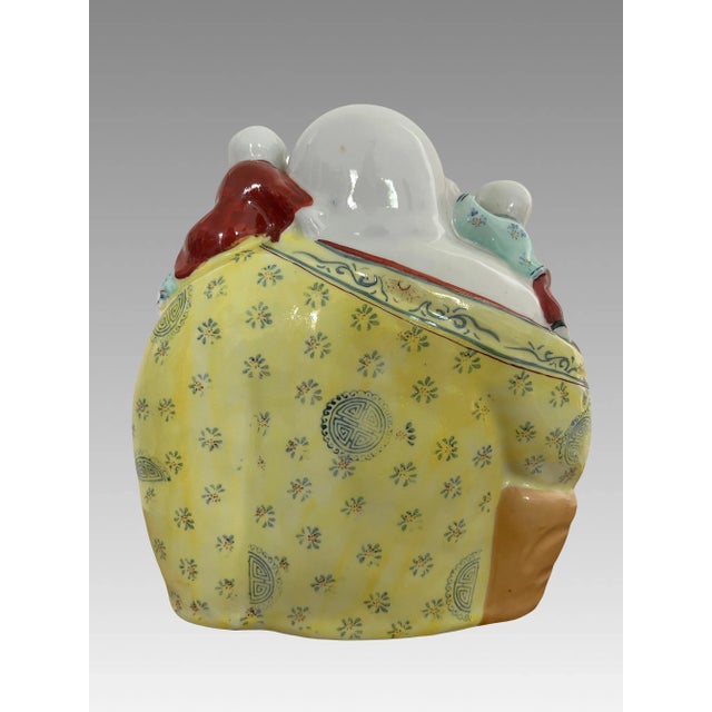 Vintage Porcelain Famille Jaune Chinese Laughing Buddha With Five Children & Long Life For Sale - Image 4 of 10