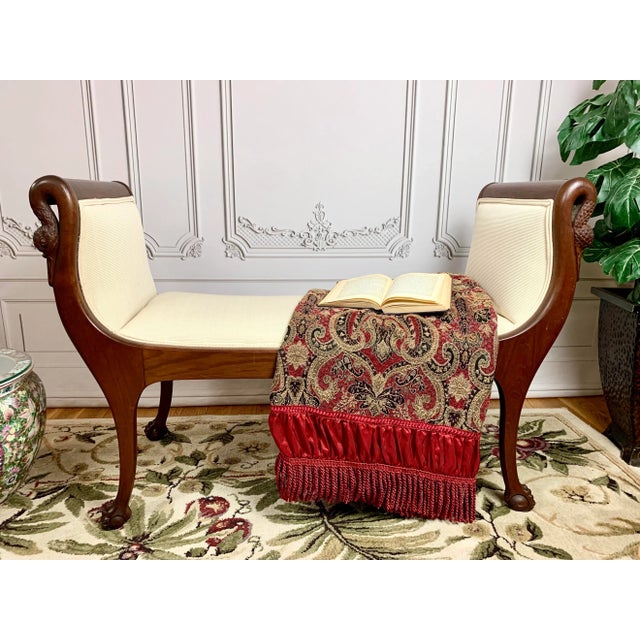 Cream Late 19th Century French Empire Style Walnut Bench With Swan Figureheads For Sale - Image 8 of 8