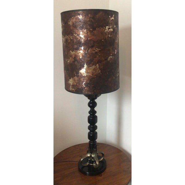 Monumental 40” Mid 20th Century Spanish Revival Barley Twist Candlestick Lamp With Amethyst Finale & Original Foil Metallic Shade For Sale - Image 11 of 13