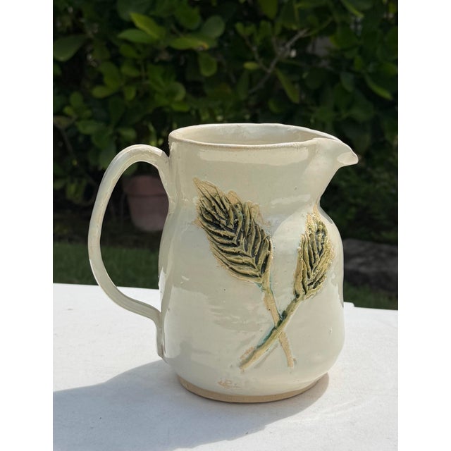 Contemporary Vintage 1994 Handcrafted Ceramic Pitcher With Sculptural Leaf Motif For Sale - Image 3 of 10