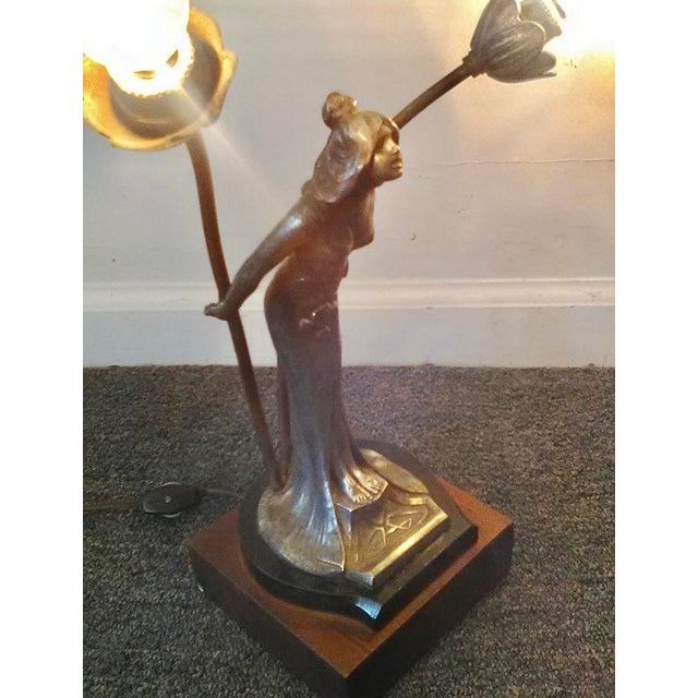 Antique Art Nouveau Figural Spelter “Lady" Table Lamp, 12” High For Sale - Image 4 of 9