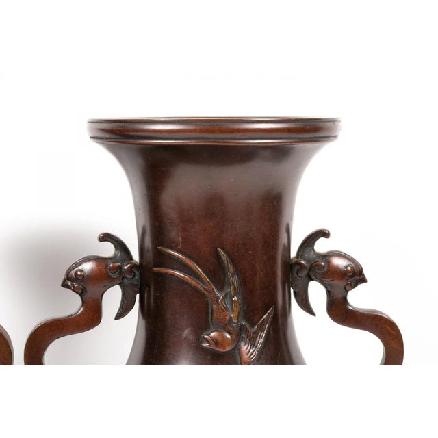 Late 19th Century Pair Meiji Japanese Bronze Vases With Bird & Pond Relief For Sale - Image 5 of 11