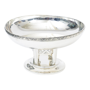 Vintage Rare Art Deco Signed Apollo Silver-Plate Pedestal Bowl With Chevron Pattern and Scrolled Columns Restored