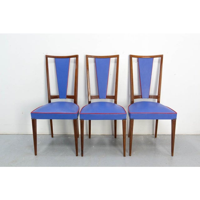 Mid-Century French Blue Red Border Dining Chairs in Teak and Skai, 1960, Set of 6 For Sale - Image 4 of 14