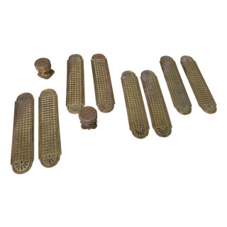 Arts and Crafts Brass Door Finger Plates and Knobs, Set of 10 For Sale