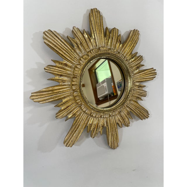Vintage 16" Gilded Sunburst Wall Mirror With Light Cream Wash For Sale - Image 10 of 15