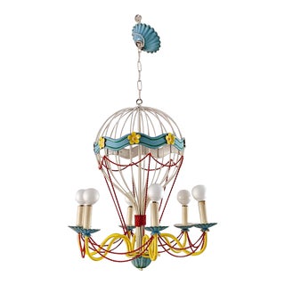 1940's Vintage Mid-Century French Tole Hot Air Balloon 6 Arm Chandelier For Sale