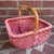 French Country Vintage Dusty Rose Painted Wicker Gathering Basket With Bamboo Handle For Sale - Image 3 of 8