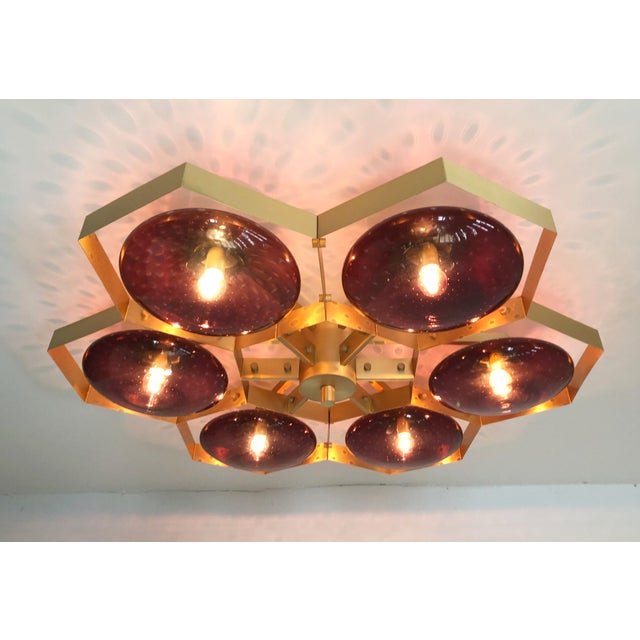 Italian midcentury flush mount with six amethyst Murano glass shades carefully hand blown with bubbles inside the glass...