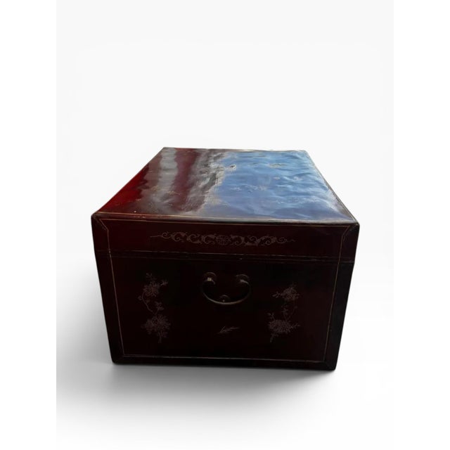 Animal Skin 19th Century Chinese Red Lacquer Trunk Chest With Hand-Painted Dragon Motifs For Sale - Image 7 of 14