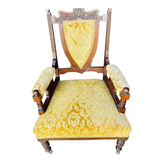 Victorian Oak Shield-Back Armchair – Antique Upholstered Library / Occasional Chair With Carved Detail & Castors For Sale