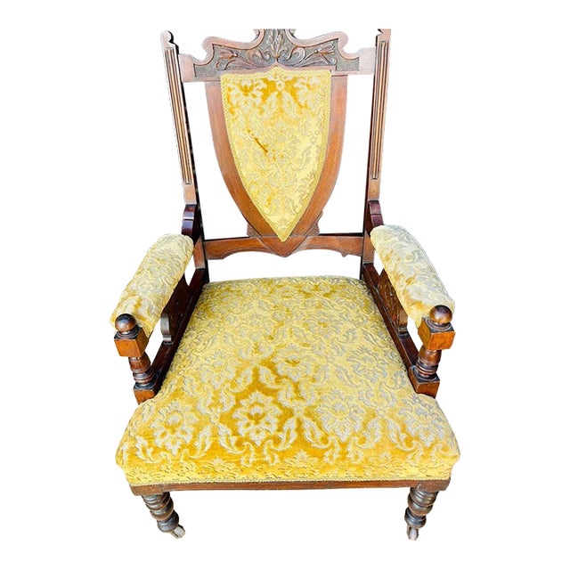 Victorian Oak Shield-Back Armchair – Antique Upholstered Library / Occasional Chair With Carved Detail & Castors For Sale