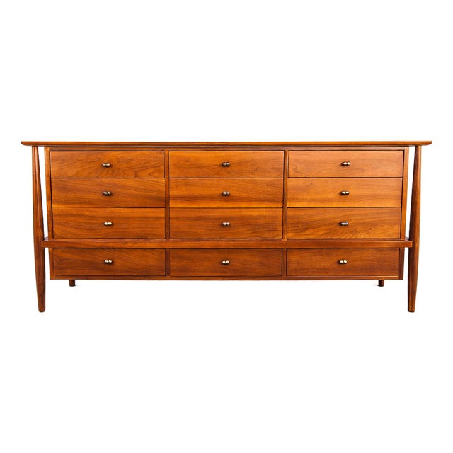 Restored 1950s Mount Airy Walnut & Brass Sculptural Mid Century Lowboy Dresser, Attributed For Sale