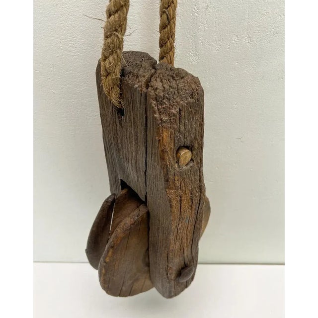 Antique Rustic Weathered Wooden Pulley with Rope, 1890s For Sale - Image 6 of 12