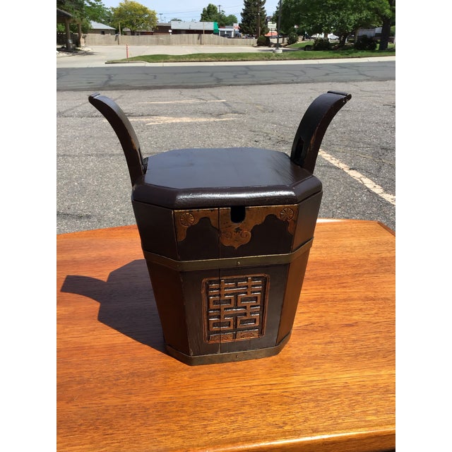 Early 20th Century Mid-Century Modern Hand-Carved Teapot Caddy With Brass Hardware For Sale - Image 9 of 12