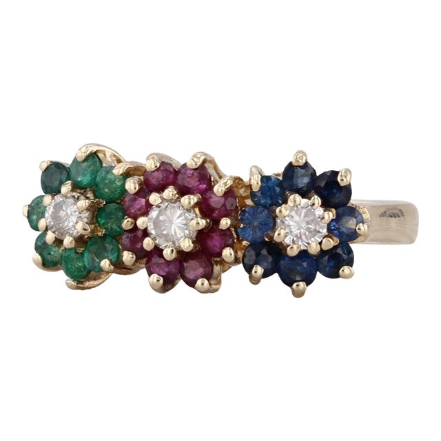 0.89ctw Diamond Emerald Ruby Sapphire Flowers Ring 14k Yellow Gold Size 6.25 For Sale