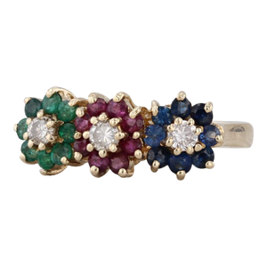 0.89ctw Diamond Emerald Ruby Sapphire Flowers Ring 14k Yellow Gold Size 6.25