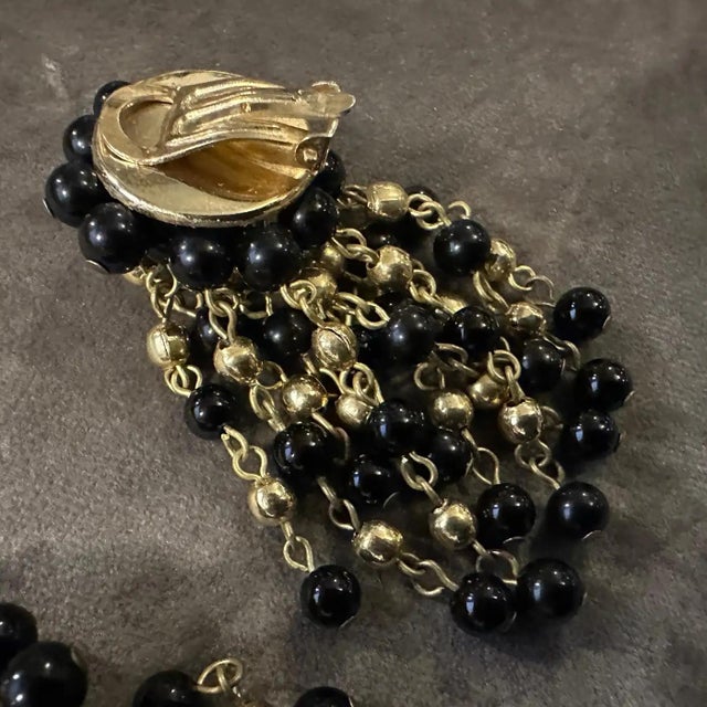 Black 1980s Coppola E Toppo Style Brass and Black Beads Italian Chandelier Earrings For Sale - Image 8 of 12