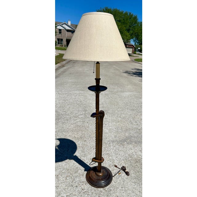 1940s Frances Elkins Prototype Mahogany Adjustable Ratchet Floor Lamp With Rh Linen Shade For Sale In Houston - Image 6 of 10