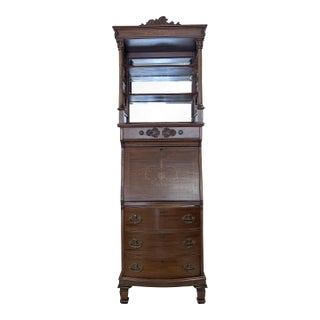 Mid 20th Century Vintage Narrow Inlaid Mahogany Secretary Etagere For Sale