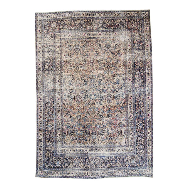 1910s Antique Distressed Blue Pink Blush Hand-Knotted Rug - 8’4” X 12’ For Sale