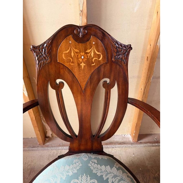 Antique Art Nouveau Marquetry Mixed Wood Oak Open Armchair For Sale - Image 14 of 17
