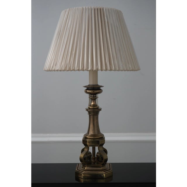 Brass Pair Stiffel Brass Table Lamps W. Shades For Sale - Image 8 of 12