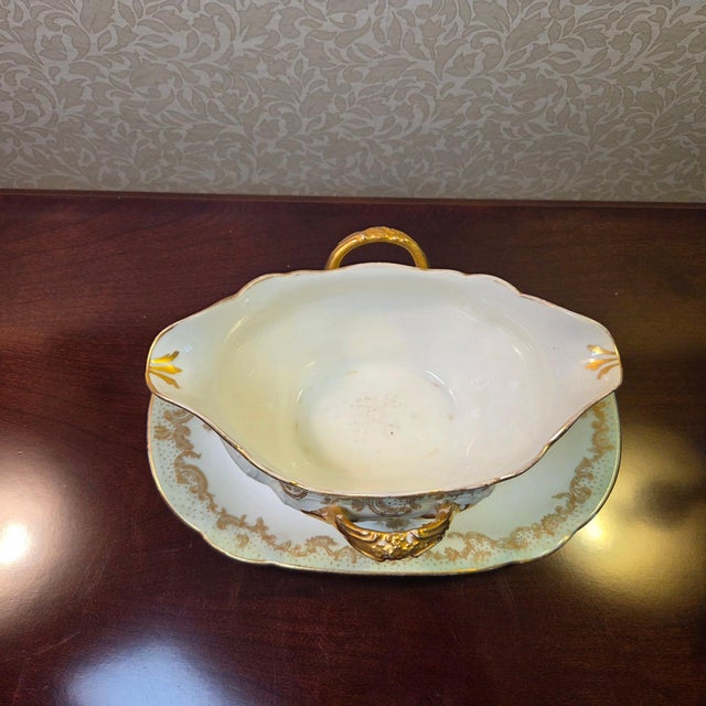 Ceramic Antique Elite Works Limoges Two-Handled Gravy Boat - Celadon Dots and Gilded Scrolls For Sale - Image 7 of 17