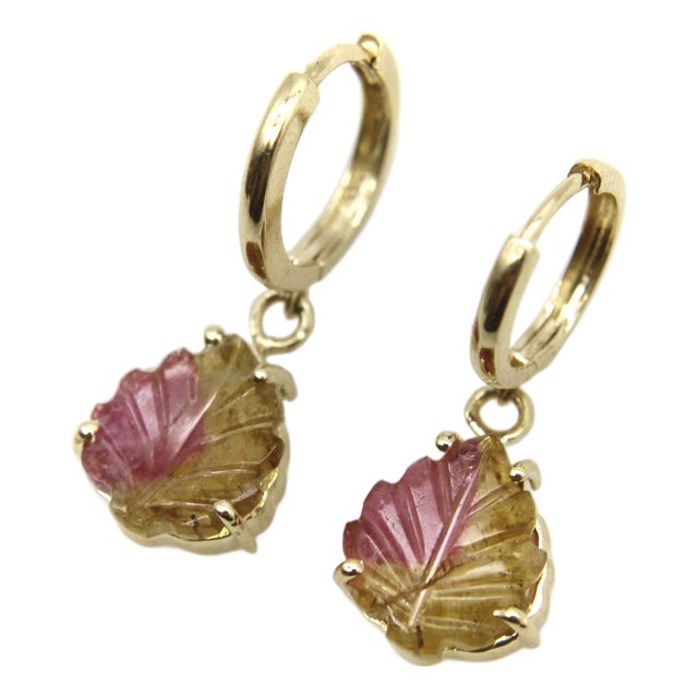 14k Gold Hand-Carved Watermelon Tourmaline Leaf Huggie Earrings, A Pair For Sale