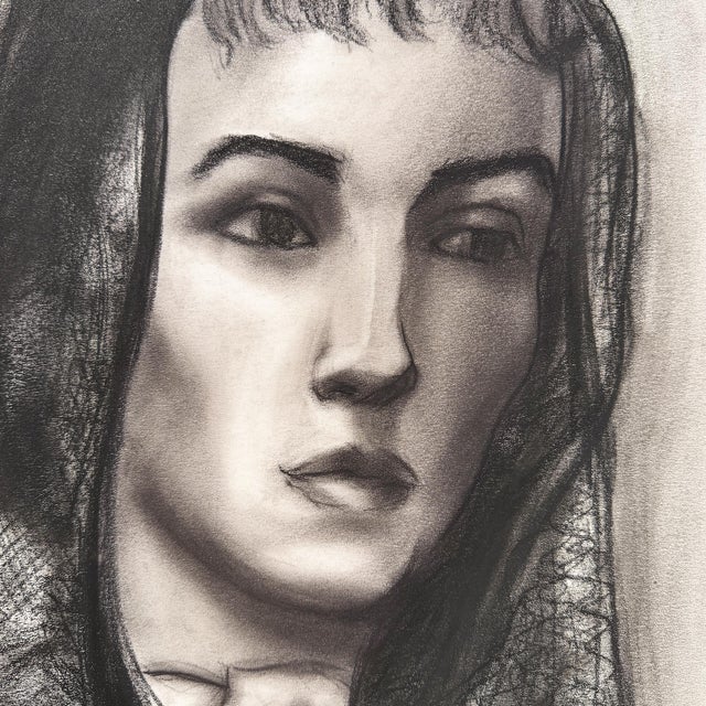Mid-Century Modern Donna Foreman Hopper Charcoal Portrait of a Woman in a Sheer Headscarf - MCM For Sale - Image 3 of 8