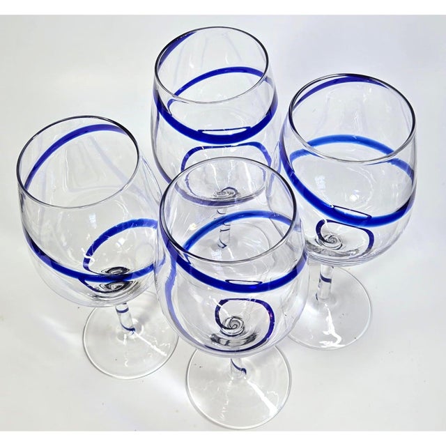 Vintage Wine Glasses Glass Blue White Swirl Chinoiserie Jumbo Cobalt Ribbon Goblet - Set of 4 For Sale - Image 4 of 11