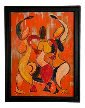 "Three Dancers" Contemporary Abstract Figurative Acrylic Painting by David Harper, Framed