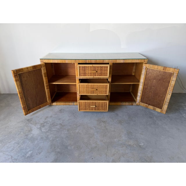 Vintage Coastal Woven Rattan Wrapped Cabinet With Wood Trim & Glass For Sale In Miami - Image 6 of 12