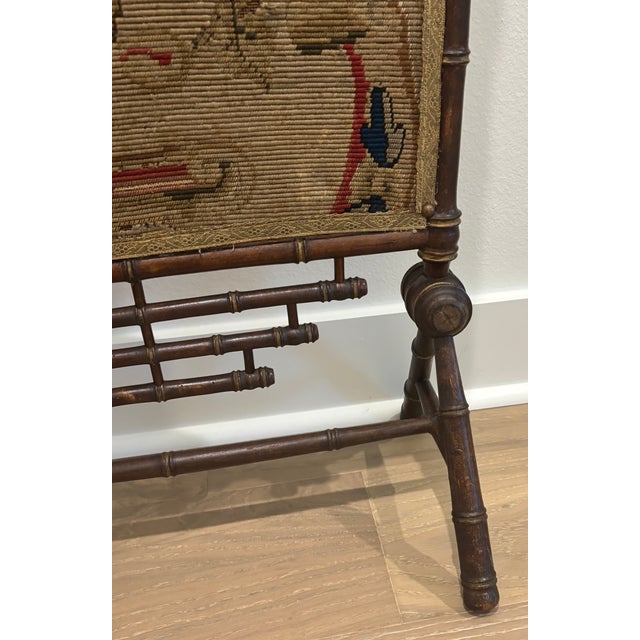 Antique 19th Century Napoleon III Faux Bamboo Fireplace Screen With Floral Needlework Panel For Sale - Image 15 of 18