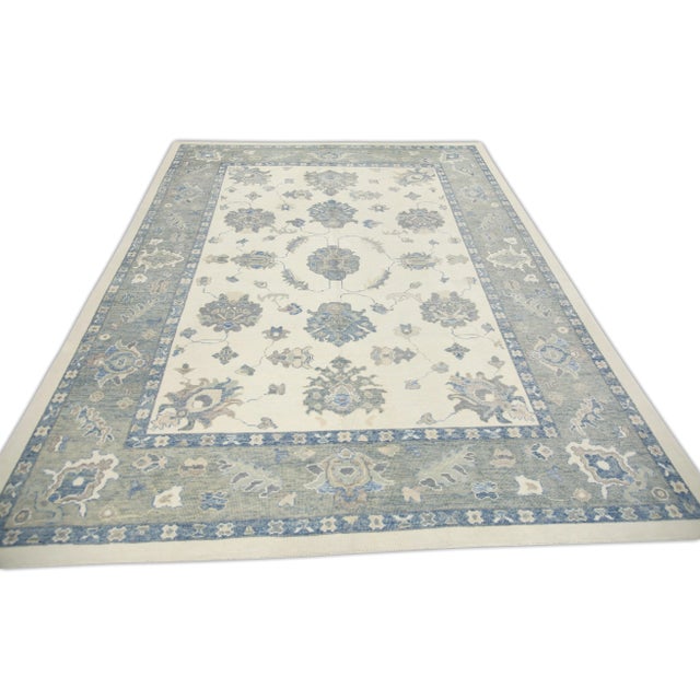 Blue Floral Design Handwoven Wool Turkish Oushak Rug 8'11" X 12'3" For Sale In Houston - Image 6 of 7