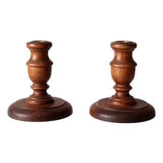 Vintage Turned Wood Candlestick Holders Pair For Sale