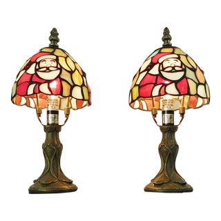 Pair Elements Santa Stained Glass Tiffany Style Miniature Holiday Christmas Table Lamps For Sale
