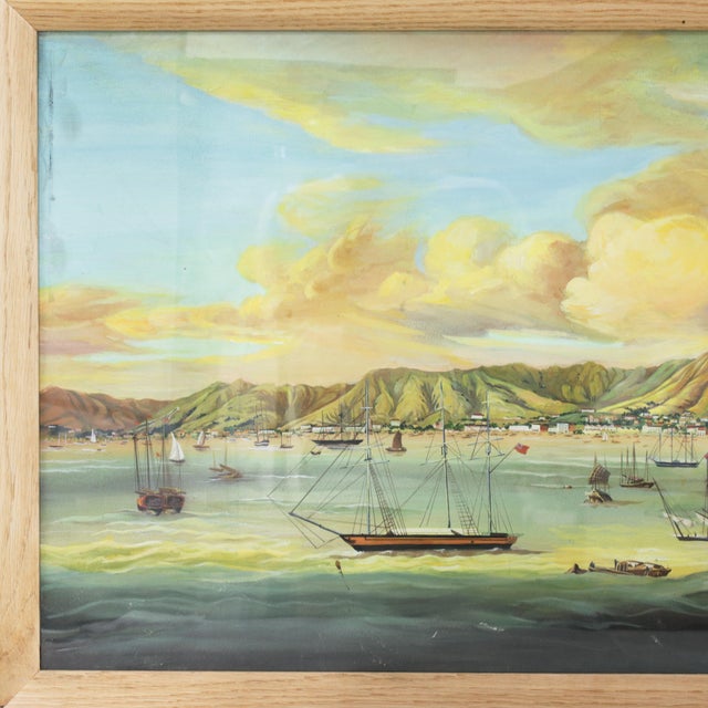 Coastal Vintage Maritime Harbor Painting Framed Coastal Seascape With Masted Sailing Ships For Sale - Image 3 of 10