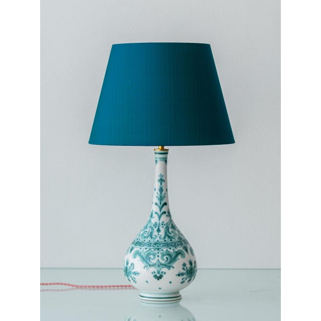 1970s Vintage Royal Delft Teal Hand-Painted Ceramic Table Lamp with New Peacock Blue Dupion Silk Shade, Delvert Series, 1970s For Sale - Image 5 of 13