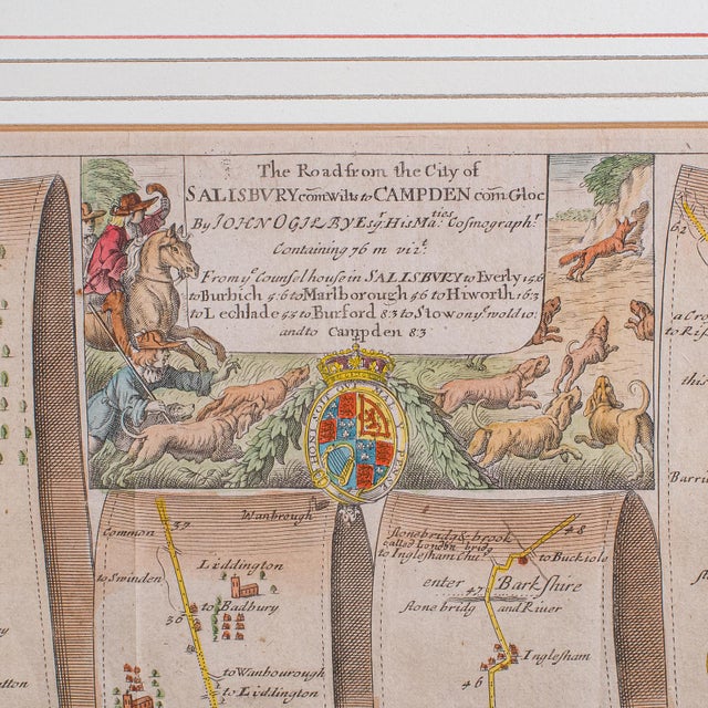 17th Century Antique Coaching Map, Salisbury to Campden, English, Framed Cartography, Ogilby For Sale - Image 5 of 12