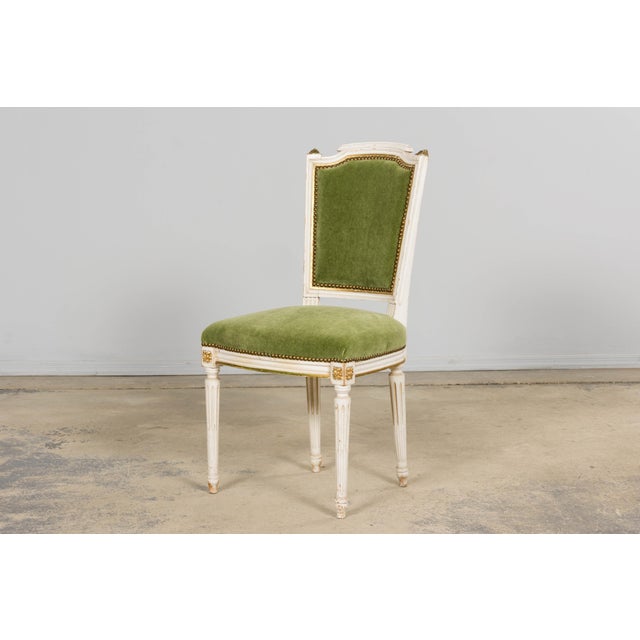 Antique French Louis XVI Style Painted Accent Chair in Moss Green Mohair For Sale - Image 16 of 18