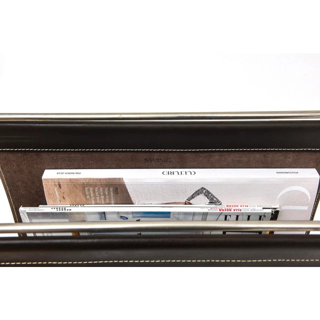 2000 - 2009 Modern Swing Brown Stiched Leather, Stainless Steel and Rubber Feet Magazine Stand For Sale - Image 5 of 12